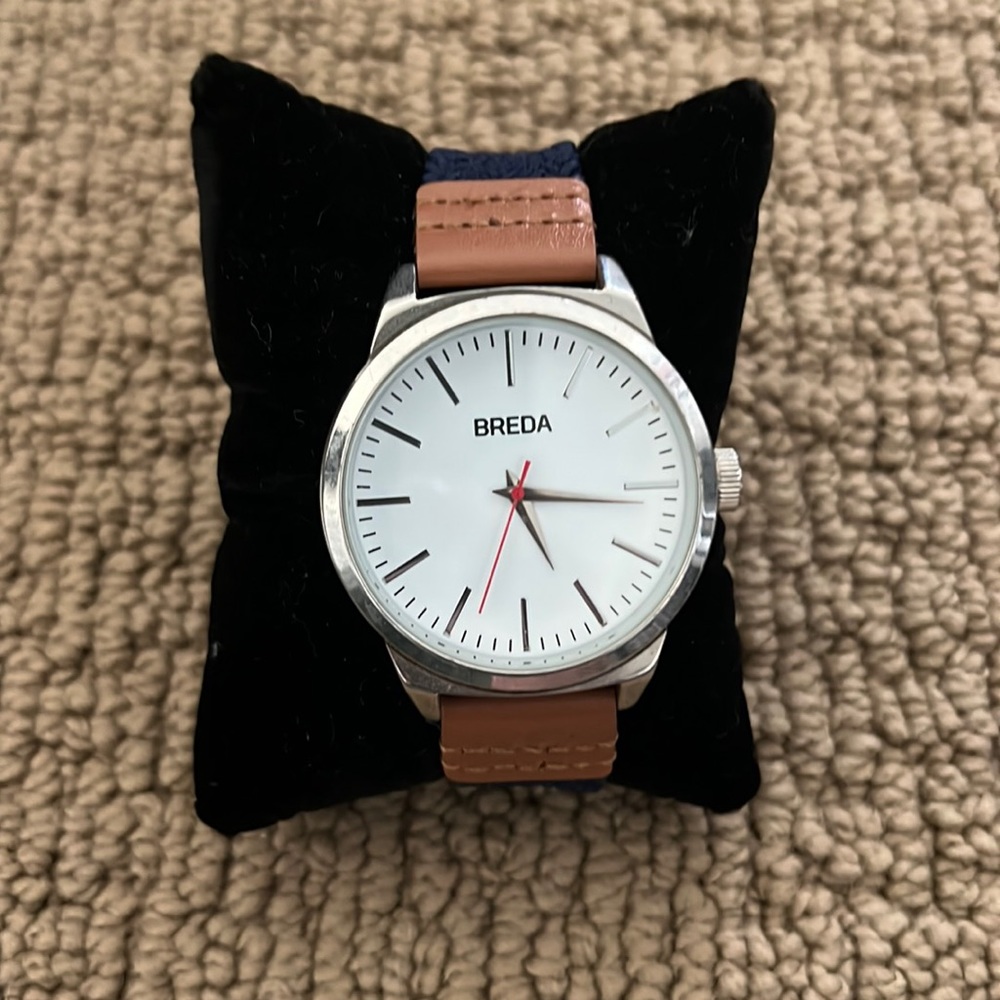BREDA Stainless Steel Case Back Quartz White Face Navy Fabric Band Wrist Watch